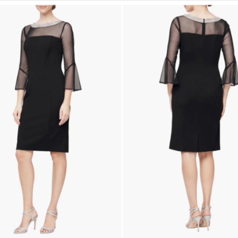 $199 Alex Evenings Embellished Illusion Sheath Dress, BLACK size 8‎ New